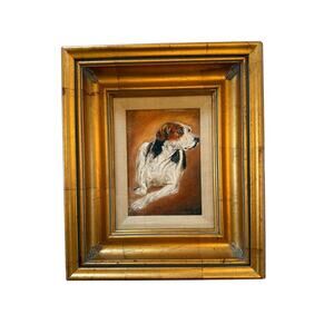 Contemporary Gold Wood Framed Oil on Canvas Portrait “Blinks Hound” Signed
